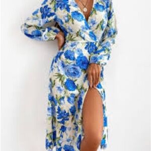 Dress from spain Floral Blue and White Wrap Dress (never worn) size small